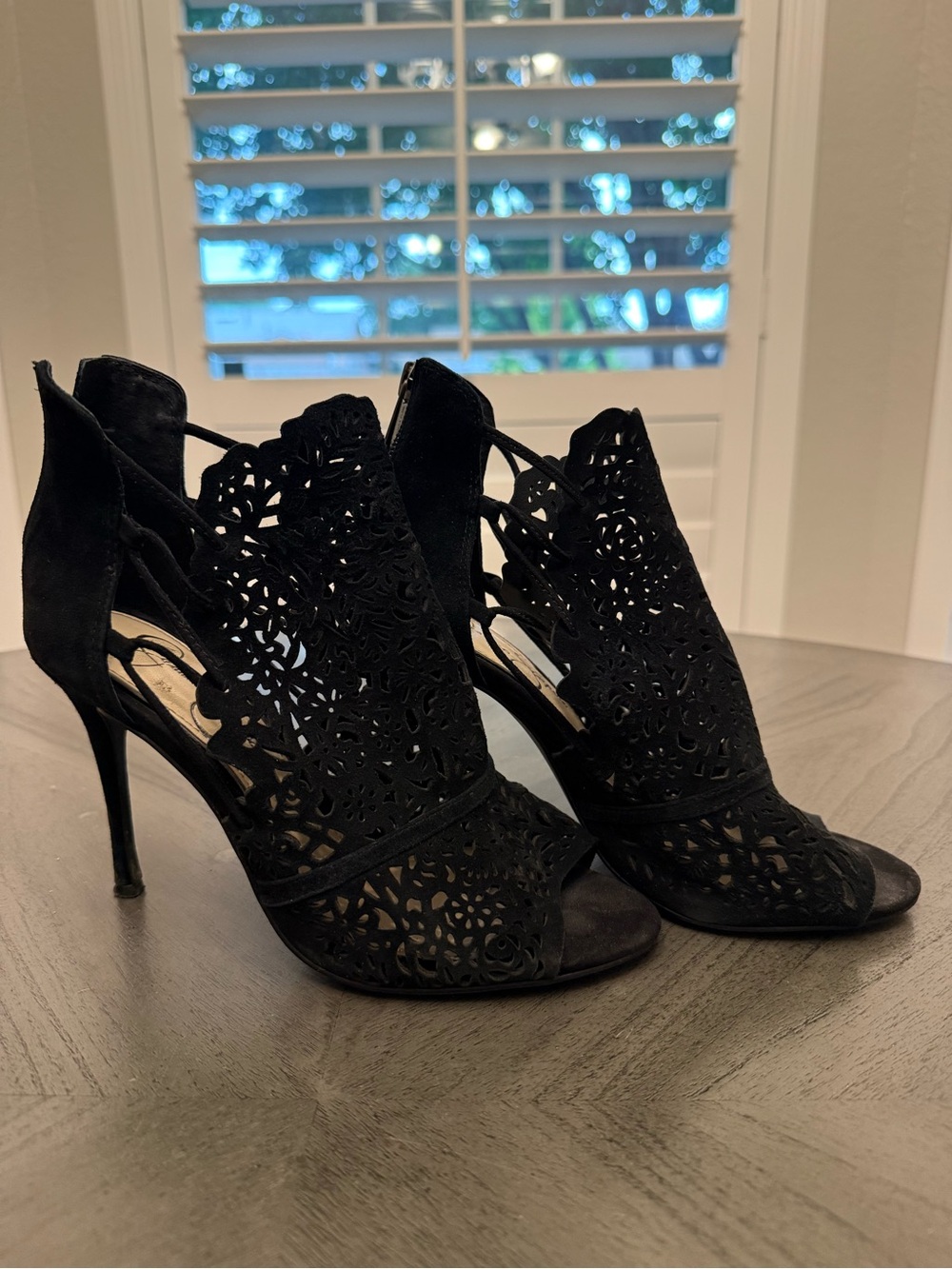Black Laser-Cut High Heel Sandals - Size 7